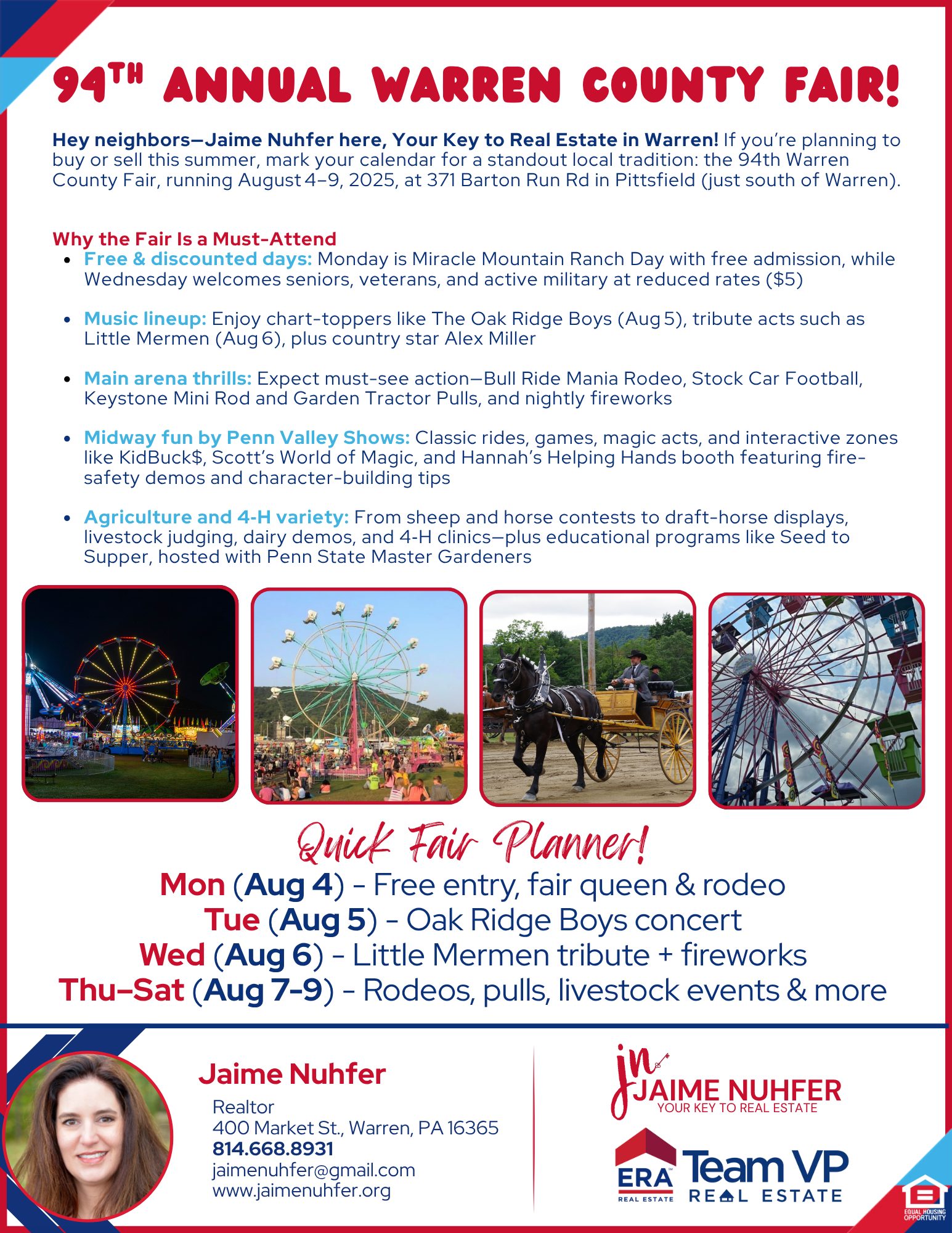 Crowds enjoying the rides, food vendors, and live entertainment at the 94th Annual Warren County Fair in Pittsfield, PA, with bright lights and a vibrant evening sky.